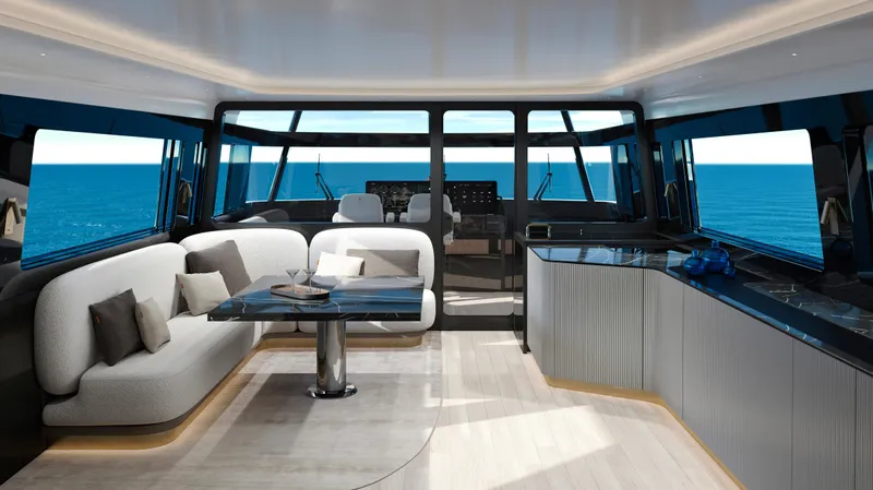  Yacht Photos Pics Luxurious interior of 2027 CL Yachts CLX99 with ocean view and modern furnishings.