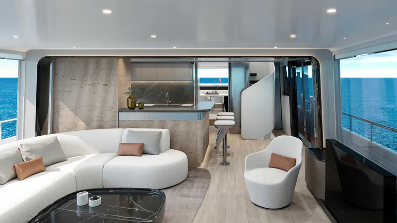  Yacht Photos Pics Luxurious interior of 2027 CL Yachts CLX99 with modern furnishings and ocean view.