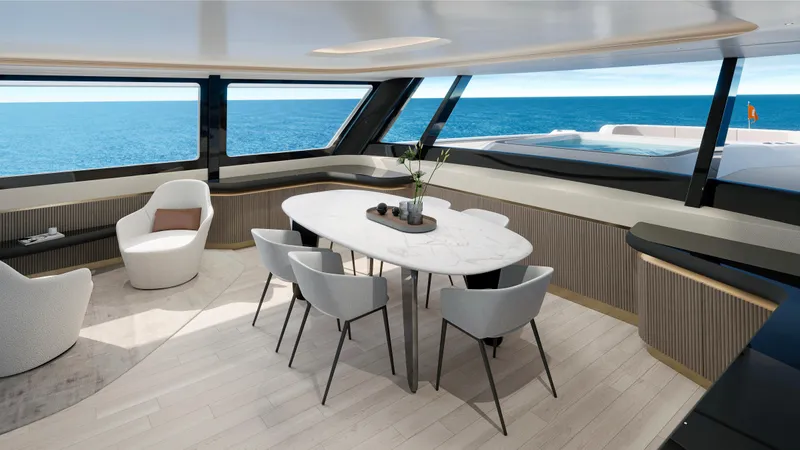  Yacht Photos Pics Luxurious interior of 2027 CL Yachts CLX99 with ocean view and modern dining area.