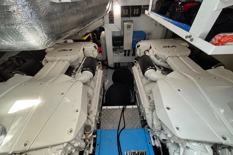  Yacht Photos Pics Engine room of 2018 Sunseeker Predator 74 yacht, featuring dual V12 engines.