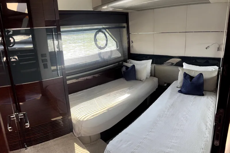  Yacht Photos Pics Luxurious twin cabin interior of 2018 Sunseeker Predator 74 yacht.