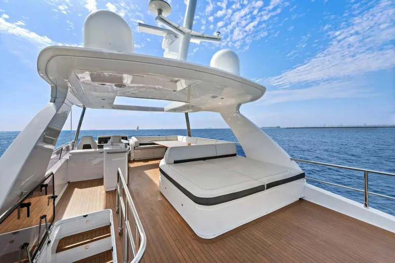 La-z-buoy Yacht Photos Pics Luxurious 2015 Princess 72 Motor Yacht deck with ocean view and clear blue sky.
