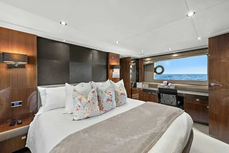 La-z-buoy Yacht Photos Pics Luxurious bedroom interior of 2015 Princess 72 Motor Yacht with ocean view.
