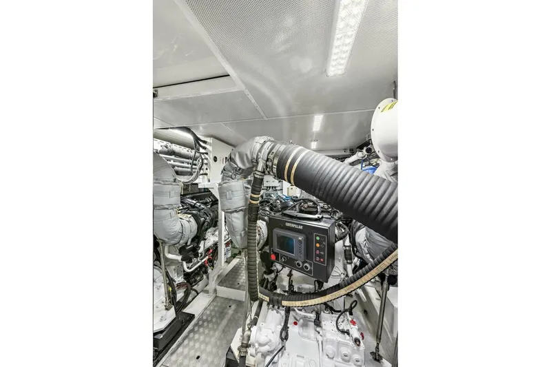 La-z-buoy Yacht Photos Pics Engine room of 2015 Princess 72 Motor Yacht with Caterpillar machinery.