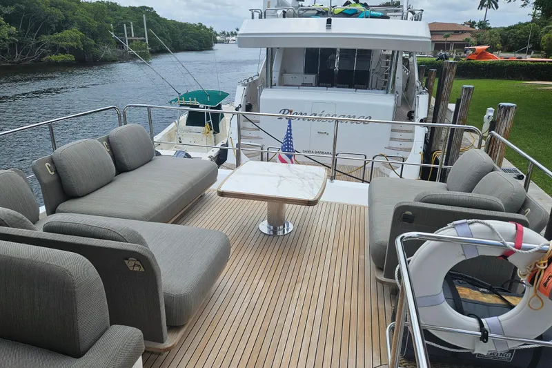  Yacht Photos Pics Luxurious 2022 Azimut 66 yacht deck with elegant seating and scenic waterfront view.