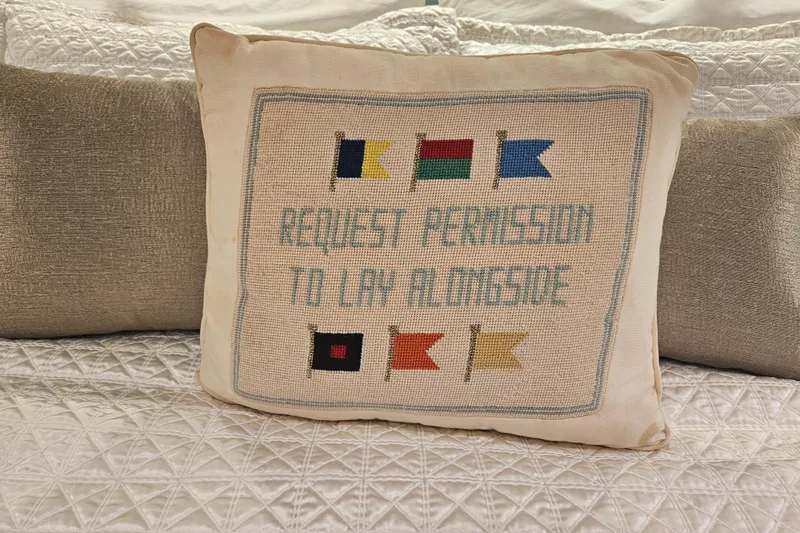  Yacht Photos Pics Decorative pillow with nautical flags and "Request Permission to Lay Alongside" text.