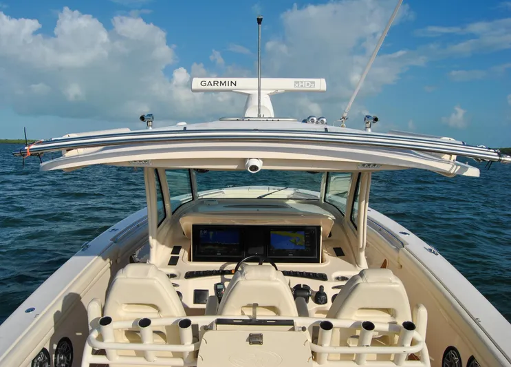  Yacht Photos Pics 2018 Grady-White Canyon 376 boat dashboard with Garmin electronics on open water.