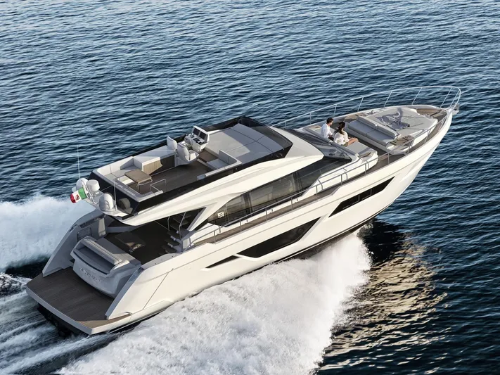  Yacht Photos Pics 2025 Ferretti Yachts 580 cruising on open water, showcasing sleek design and luxury features.
