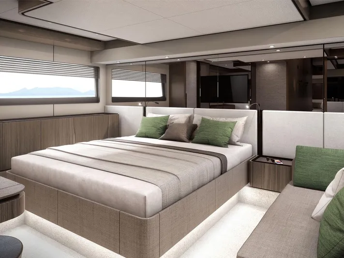  Yacht Photos Pics Luxurious bedroom interior of 2025 Ferretti Yachts 580, featuring modern design and elegant furnishings.