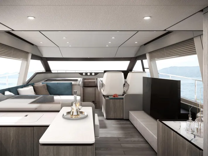  Yacht Photos Pics Luxurious interior of 2025 Ferretti Yachts 580, featuring modern design and elegant furnishings.