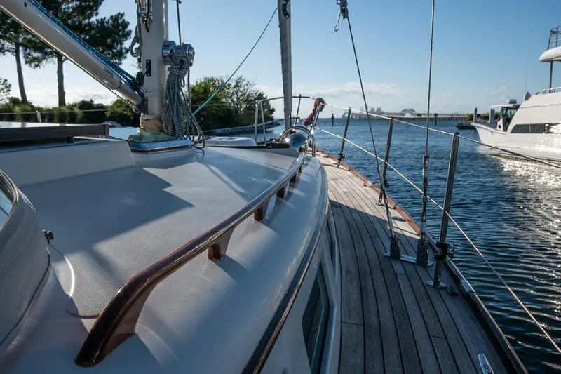 Dream Girl Yacht Photos Pics 2007 Morris Yachts M42 sailboat deck with scenic waterfront view.