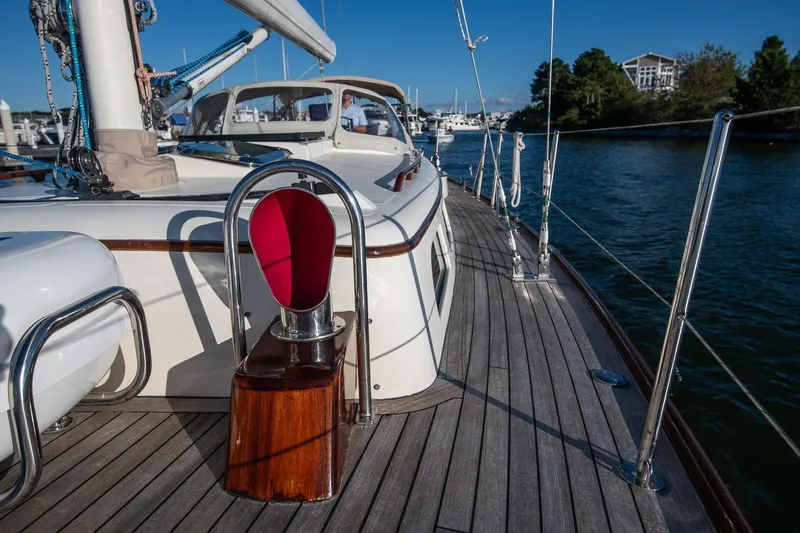 Dream Girl Yacht Photos Pics 2007 Morris Yachts M42 sailboat deck with polished wood and stainless steel details.