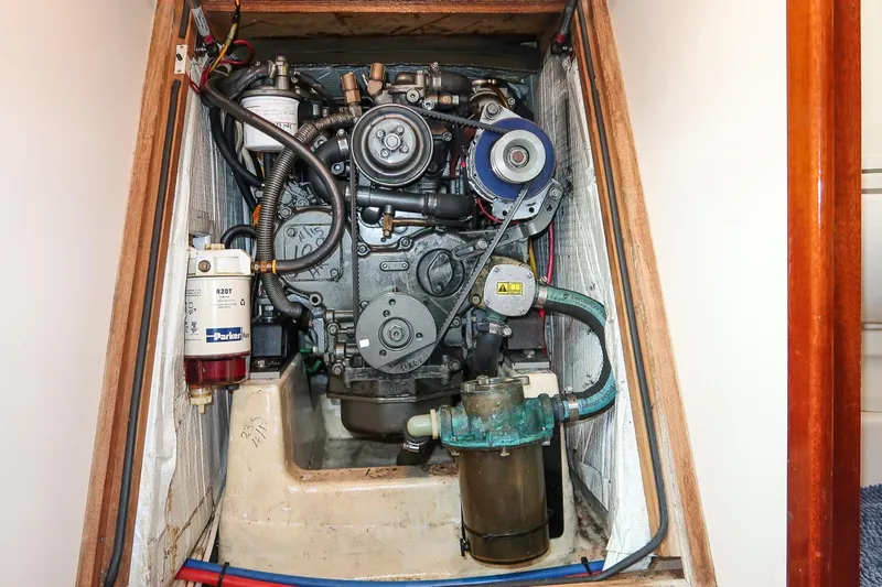 Dream Girl Yacht Photos Pics Engine compartment of a 2007 Morris Yachts M42, showcasing detailed mechanical components.