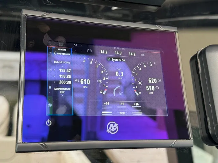  Yacht Photos Pics Dashboard display of 2022 Chris-Craft CALYPSO 35 CP showing engine metrics and system status.