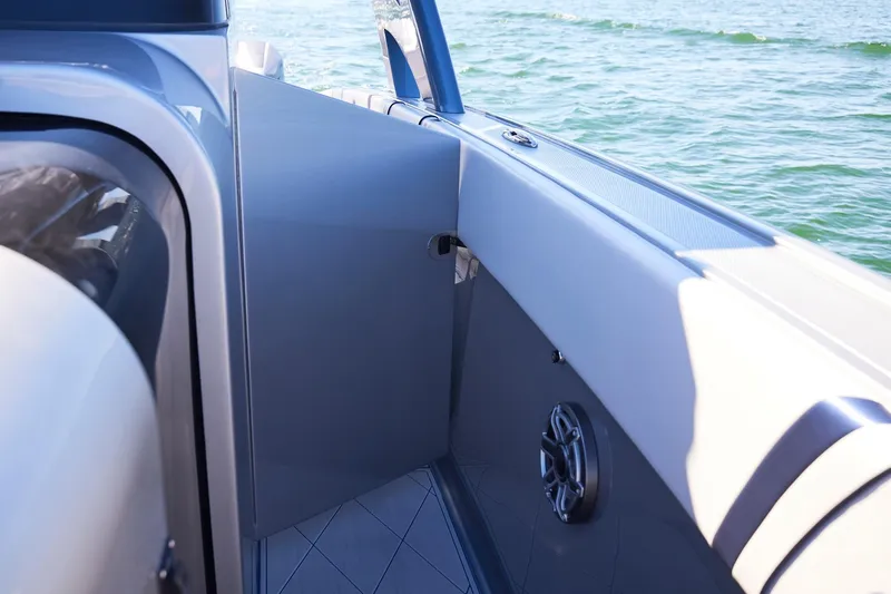  Yacht Photos Pics Midnight Express 43' Solstice boat interior with open door, overlooking water.