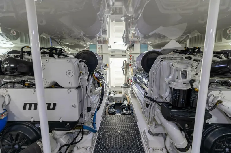 Galati Yacht Sales Trade Yacht Photos Pics Engine room of 2020 Viking 62 Convertible yacht, featuring MTU engines.