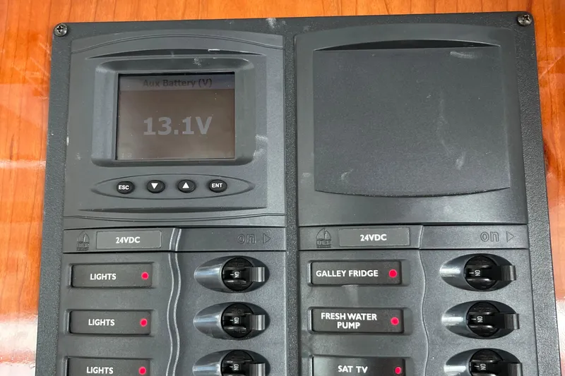  Yacht Photos Pics Control panel of a 2015 Riviera 5000 Sport Yacht showing 13.1V battery reading.