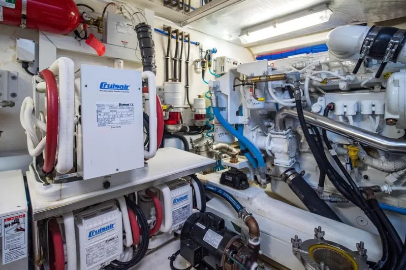  Yacht Photos Pics Engine room of 2015 Riviera 5000 Sport Yacht with Cruisair systems and mechanical components.