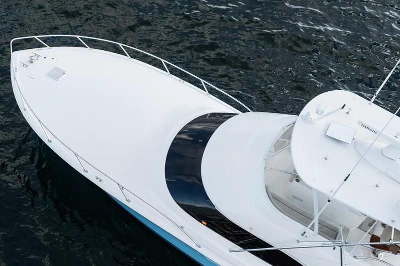 Lori A Yacht Photos Pics Aerial view of 2021 Viking 54 Convertible yacht on water.