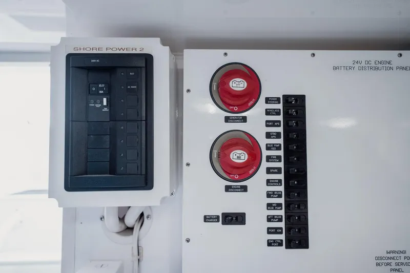Lori A Yacht Photos Pics Electrical panel on 2021 Viking 54 Convertible yacht with shore power and battery distribution.