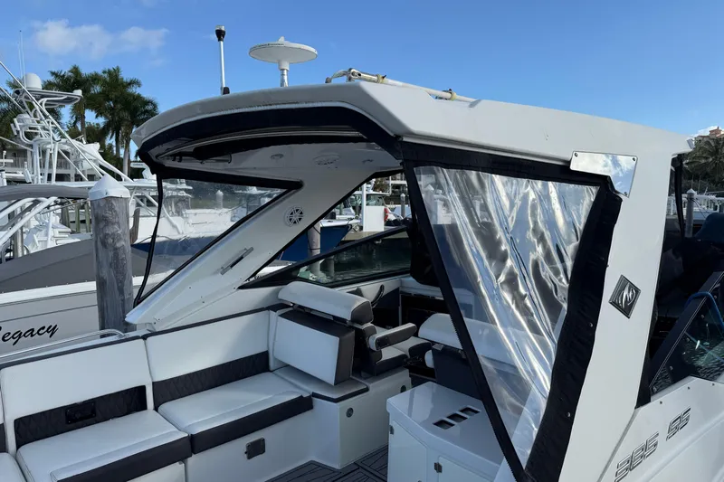  Yacht Photos Pics 2022 Monterey 385SS Super Sport boat with sleek seating and clear canopy.