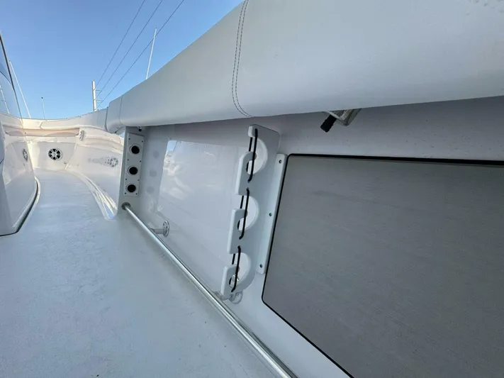  Yacht Photos Pics 2024 Sportsman 352 Open boat interior with sleek white design and modern features.