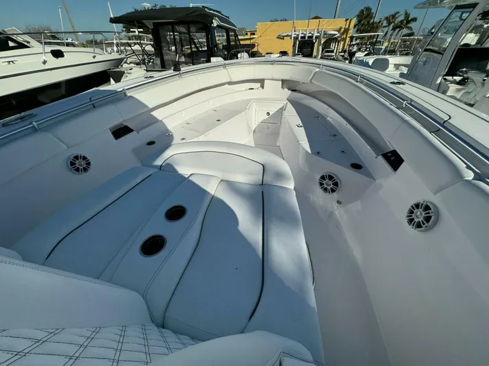  Yacht Photos Pics 2024 Sportsman 352 Open boat interior with spacious seating and modern design.