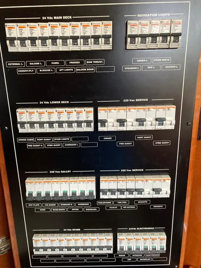 Dreamer Yacht Photos Pics Electrical panel of a 2005 Azimut 80 Carat yacht, featuring various circuit breakers.