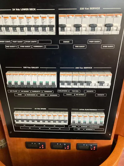 Dreamer Yacht Photos Pics Electrical panel on a 2005 Azimut 80 Carat yacht, showing circuit breakers and labels.