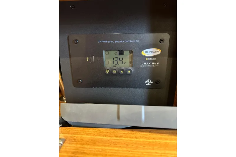 "meru" Yacht Photos Pics Go Power solar controller displaying 13.4V on Catalina 425, 2019 model.