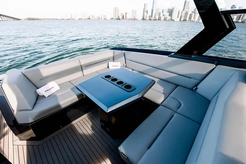 M/y Cece Yacht Photos Pics Luxurious seating area on 2022 Vanquish Yachts 45 T-TOP with ocean view.