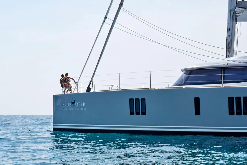  Yacht Photos Pics Luxury Sunreef 74 yacht "Blue Deer" sailing on open sea, 2015 model.