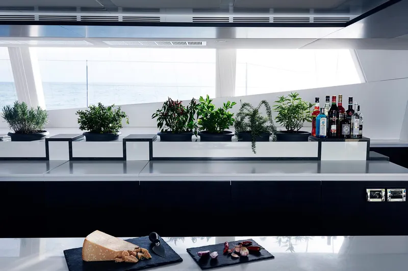  Yacht Photos Pics Luxurious Sunreef 74 yacht kitchen with herbs, spirits, and cheese, 2015 model.