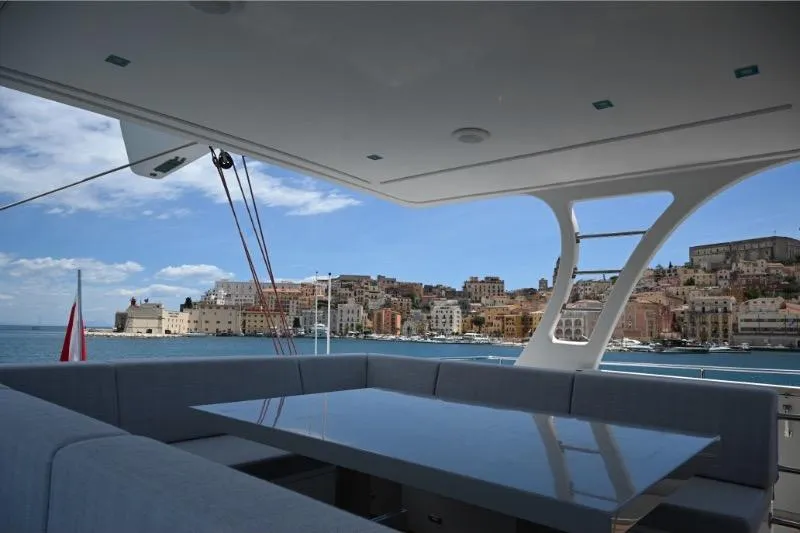  Yacht Photos Pics Luxurious Sunreef 74 yacht interior with scenic coastal view, 2015 model.