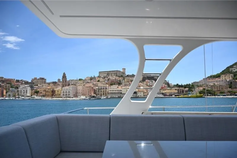  Yacht Photos Pics Luxurious Sunreef 74 yacht interior with scenic coastal view, 2015 model.