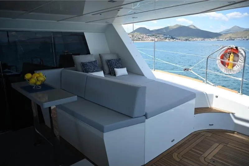  Yacht Photos Pics Luxurious Sunreef 74 yacht interior with elegant seating, ocean view, and modern design, 2015 model.