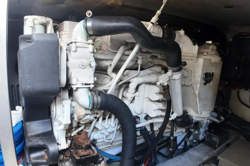  Yacht Photos Pics Engine compartment of a 2012 Azimut 40 FLY yacht, showcasing mechanical components.