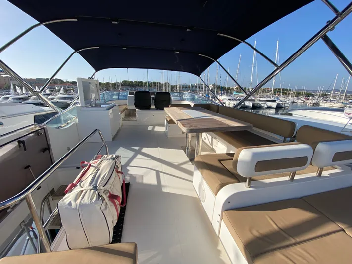 Coco Yacht Photos Pics 2012 Fairline Squadron 65 yacht deck with seating and canopy in marina.