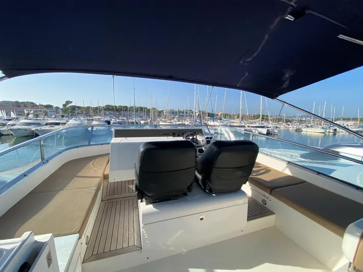 Coco Yacht Photos Pics 2012 Fairline Squadron 65 yacht helm with marina view, featuring dual seats and sleek design.