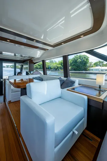 Hwyl Fawr Yacht Photos Pics Luxurious interior of 2018 Tiara Yachts F53 Flybridge with modern seating and large windows.