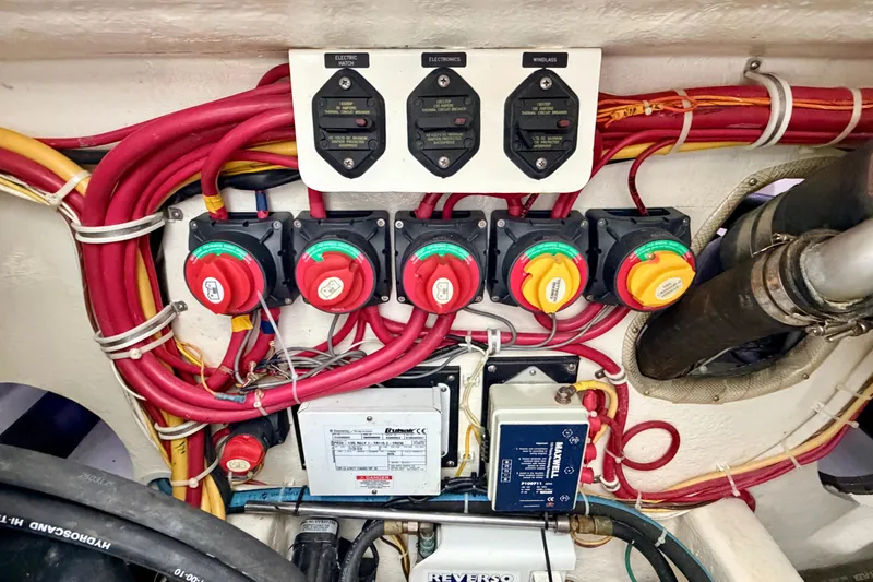 Moana Here Yacht Photos Pics Electrical panel with switches and wiring on a 2015 Albemarle 360 Express Fisherman boat.