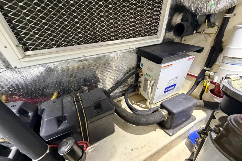 Moana Here Yacht Photos Pics Engine room of 2015 Albemarle 360 Express Fisherman with equipment and wiring.