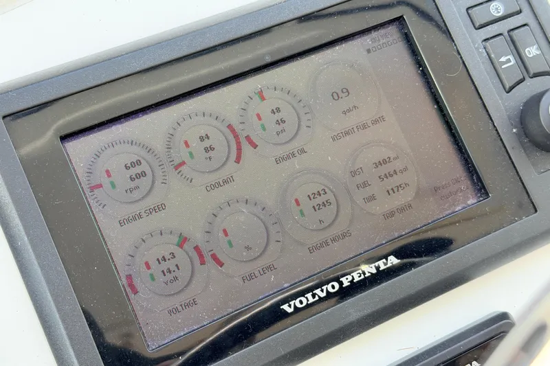 Moana Here Yacht Photos Pics Volvo Penta engine display on 2015 Albemarle 360 Express Fisherman boat dashboard.