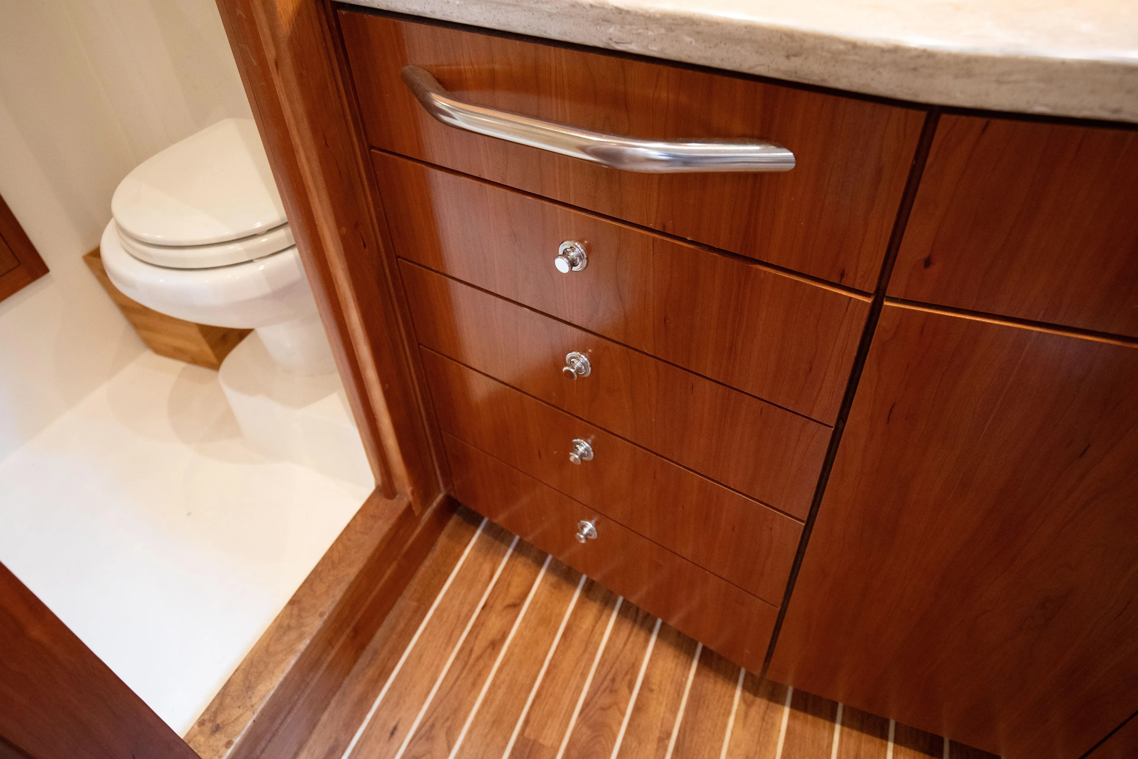 Moana Here Yacht Photos Pics 2015 Albemarle 360 Express Fisherman bathroom with wooden cabinetry and toilet.