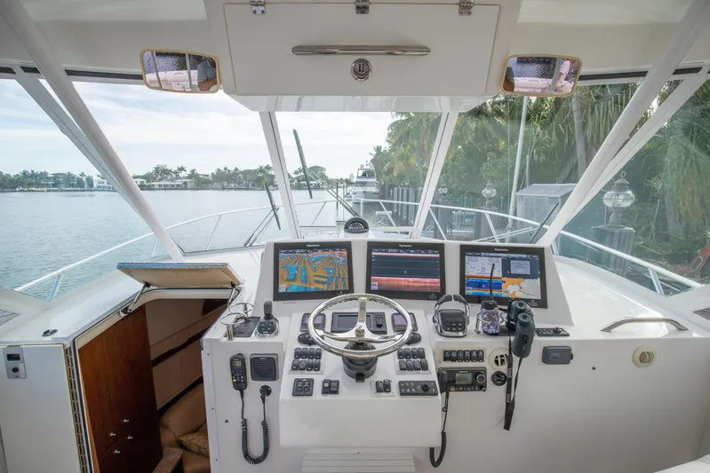 Moana Here Yacht Photos Pics Cockpit of 2015 Albemarle 360 Express Fisherman with navigation equipment and scenic water view.