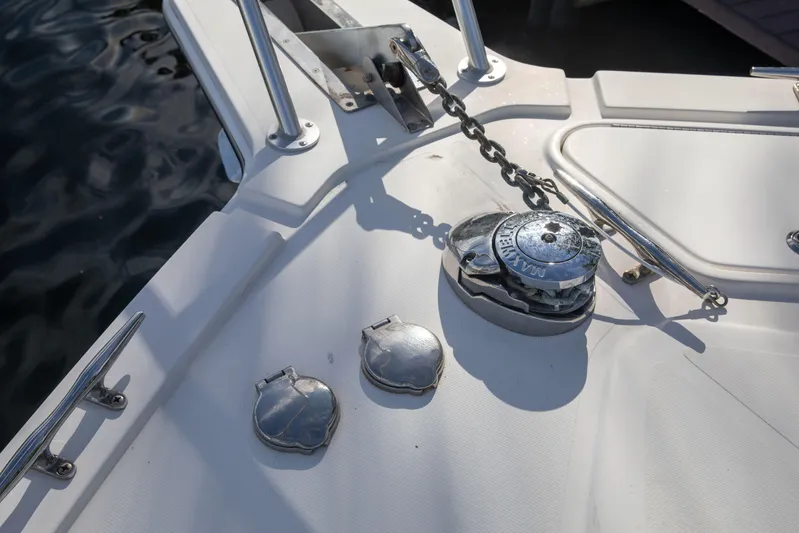 Moana Here Yacht Photos Pics Bow of 2015 Albemarle 360 Express Fisherman with anchor chain and cleats.
