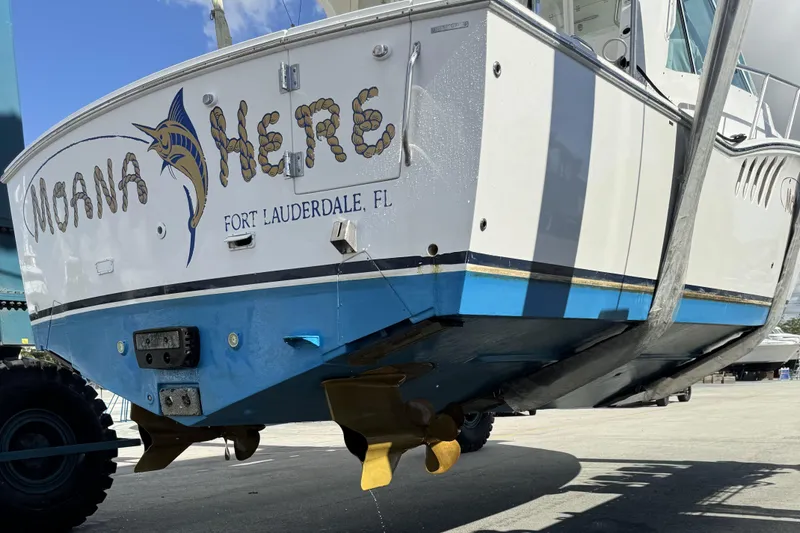 Moana Here Yacht Photos Pics 2015 Albemarle 360 Express Fisherman boat in Fort Lauderdale, FL, on a lift.