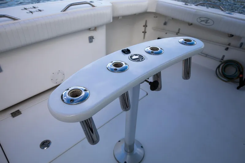 Moana Here Yacht Photos Pics 2015 Albemarle 360 Express Fisherman cockpit with rod holders and storage.