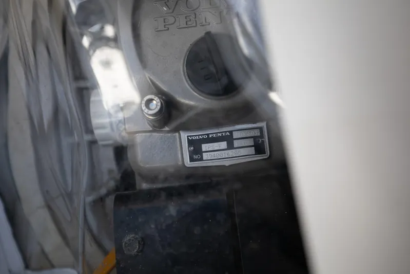 Moana Here Yacht Photos Pics Close-up of Volvo Penta engine part on 2015 Albemarle 360 Express Fisherman boat.