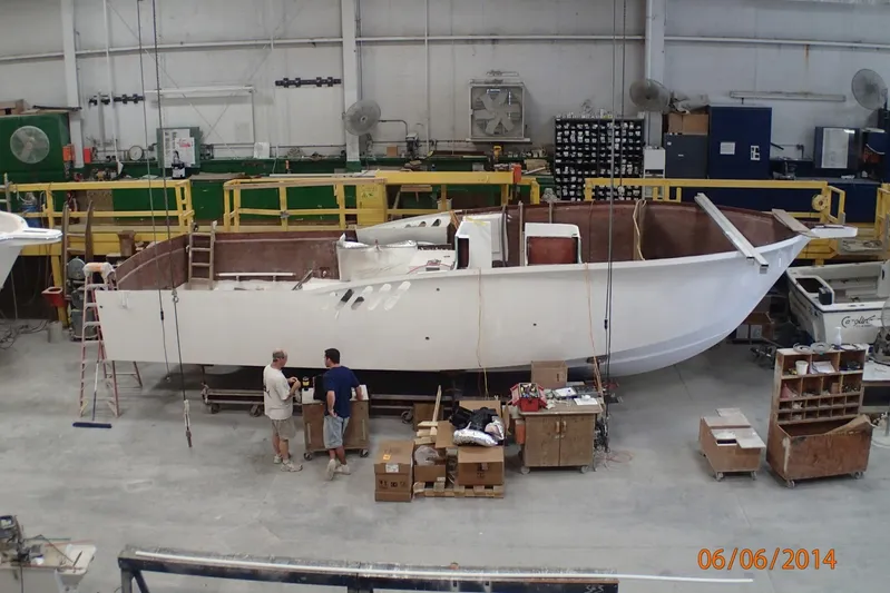Moana Here Yacht Photos Pics 2015 Albemarle 360 Express Fisherman under construction in a workshop.